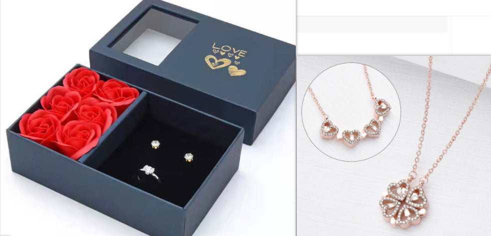 Retro Magnetic Folding Heart Shaped Four Leaf Clover Pendant Necklace 