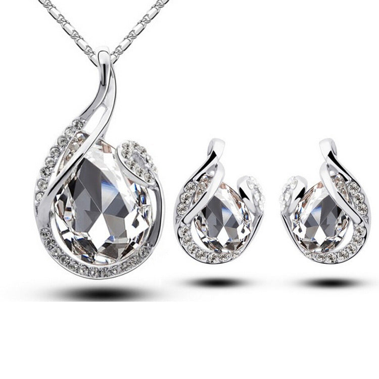 3pcs Rhinestone Necklace Set With Earrings Fashion Water-drop-shaped 
