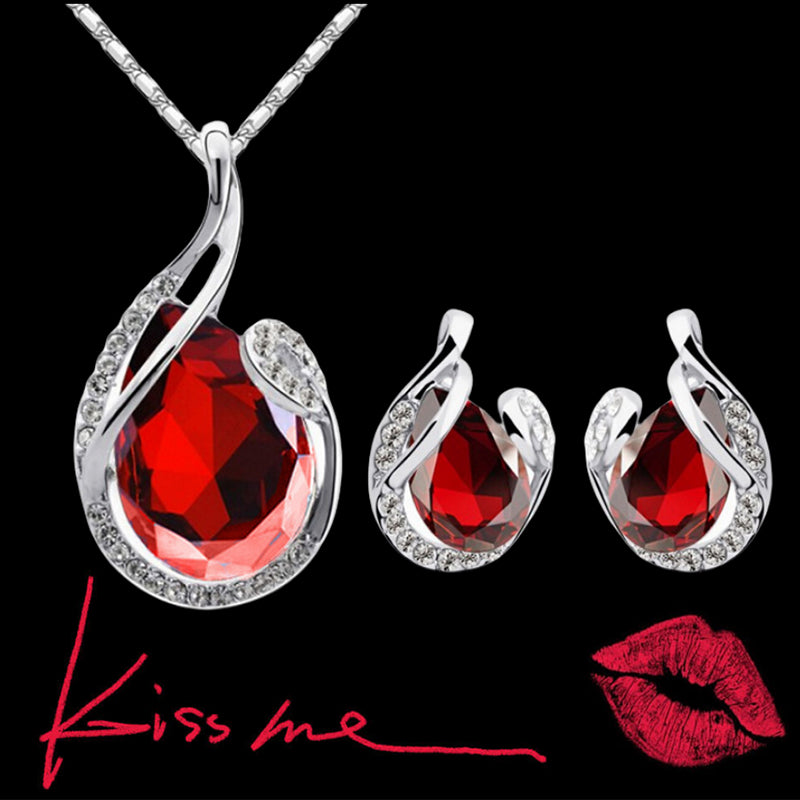 3pcs Rhinestone Necklace Set With Earrings Fashion Water-drop-shaped 