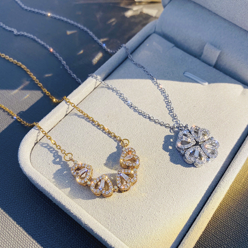 Retro Magnetic Folding Heart Shaped Four Leaf Clover Pendant Necklace 