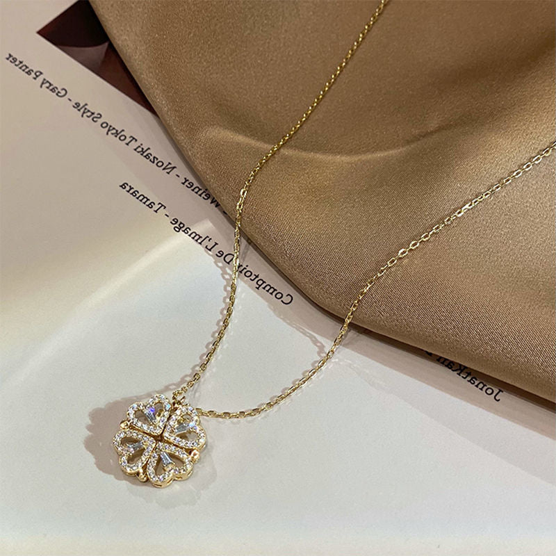 Retro Magnetic Folding Heart Shaped Four Leaf Clover Pendant Necklace 